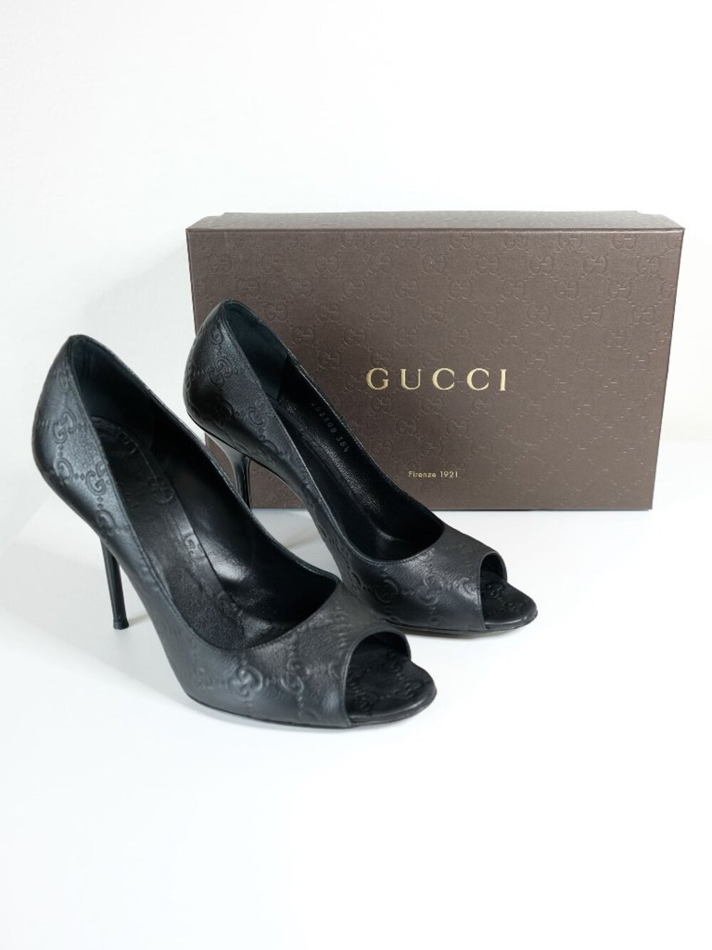 Gucci Guccissima Peep Toe Stilettos, Matte Black